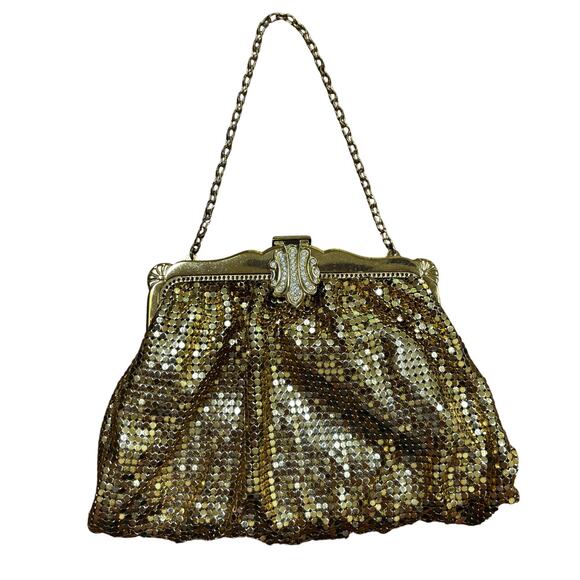 Vintage Whiting & Davis gold mesh evening bag top handle clutch rhinestone clasp - Picture 1 of 13